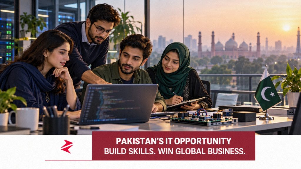 Pakistani technology professionals collaborating on software and electronics in Lahore, illustrating skills development and technology exports.