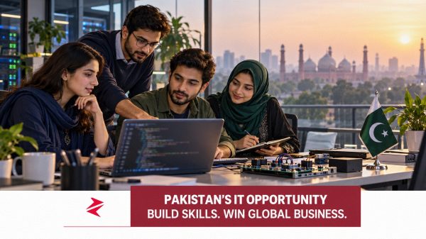 Pakistani technology professionals collaborating on software and electronics in Lahore, illustrating skills development and technology exports.