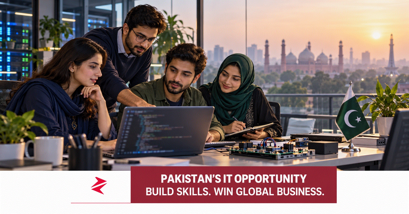Pakistani technology professionals collaborating on software and electronics in Lahore, illustrating skills development and technology exports.