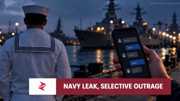 Editorial illustration of a sailor, naval ships and online messages accompanying the Pradeep Mukherjee espionage allegations