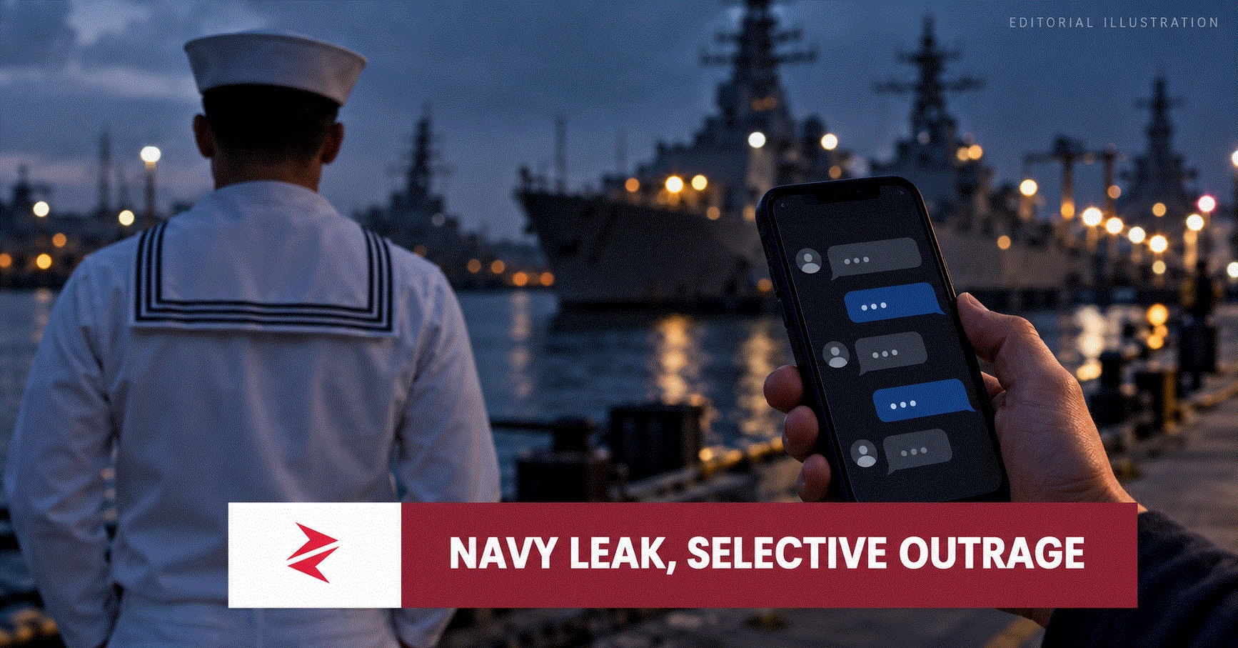 Editorial illustration of a sailor, naval ships and online messages accompanying the Pradeep Mukherjee espionage allegations