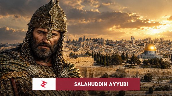Illustrative reconstruction of Salahuddin Ayyubi overlooking Jerusalem during its recovery from Crusader rule in 1187.