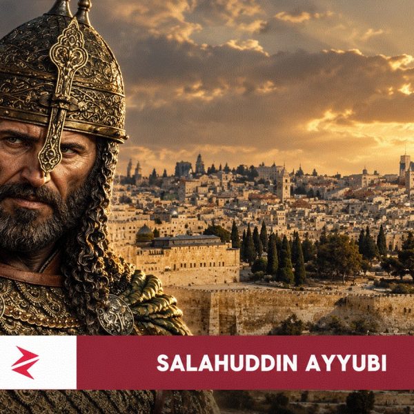 Illustrative reconstruction of Salahuddin Ayyubi overlooking Jerusalem during its recovery from Crusader rule in 1187.