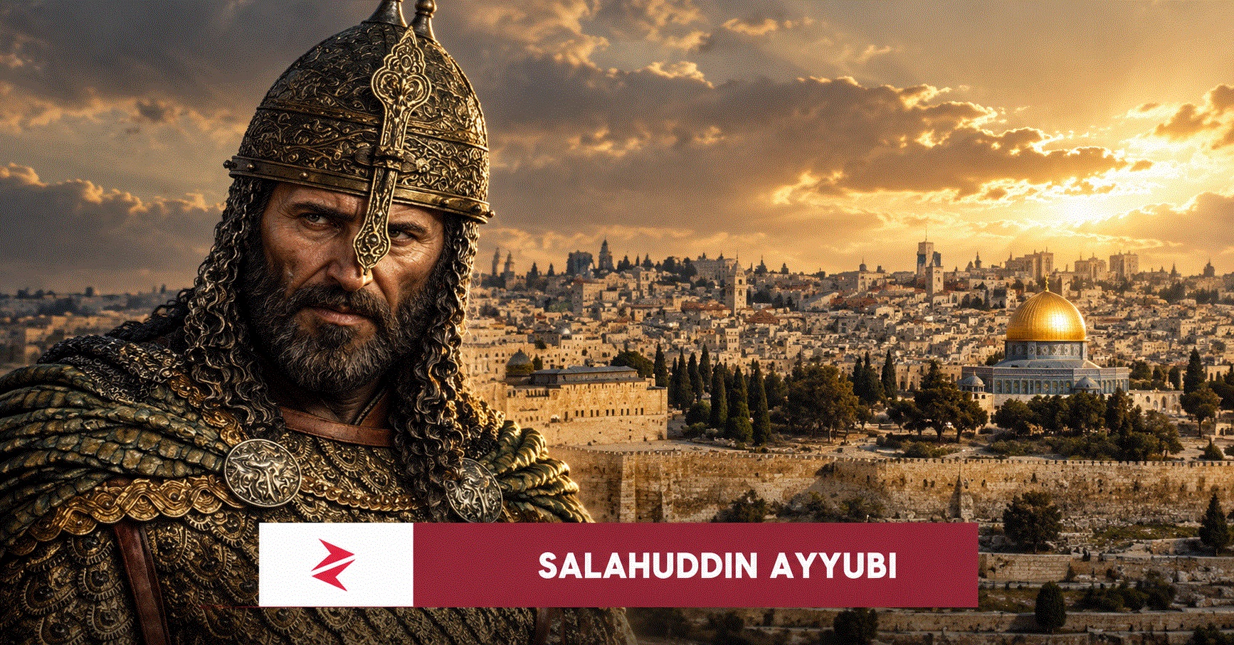 Illustrative reconstruction of Salahuddin Ayyubi overlooking Jerusalem during its recovery from Crusader rule in 1187.
