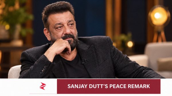Editorial illustration of Sanjay Dutt and the online debate over his comments about peace in India