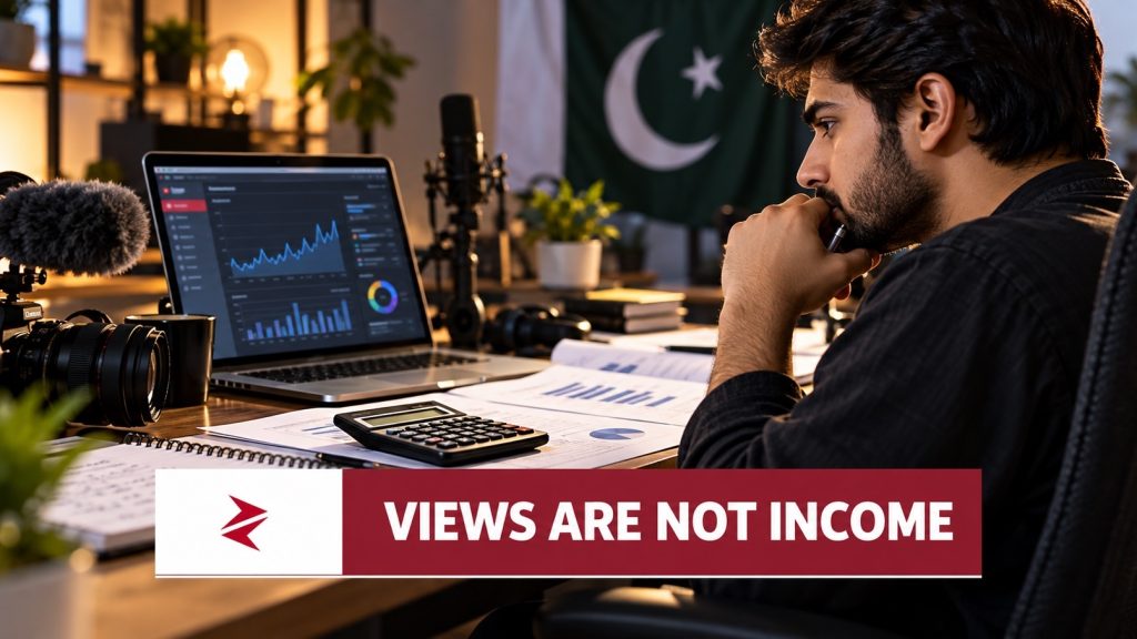 Pakistani YouTube creator reviewing earnings and financial records amid FBR’s Rs195 revenue benchmark debate