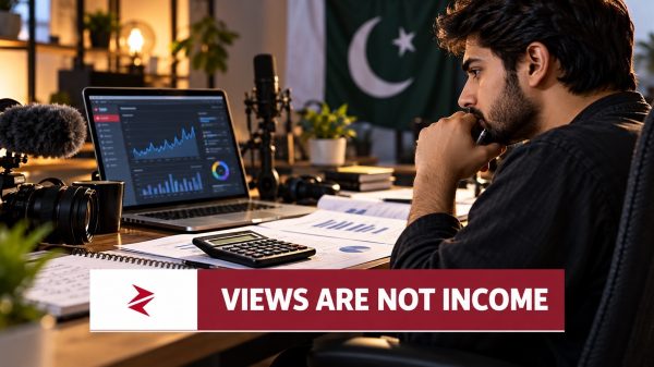 Pakistani YouTube creator reviewing earnings and financial records amid FBR’s Rs195 revenue benchmark debate