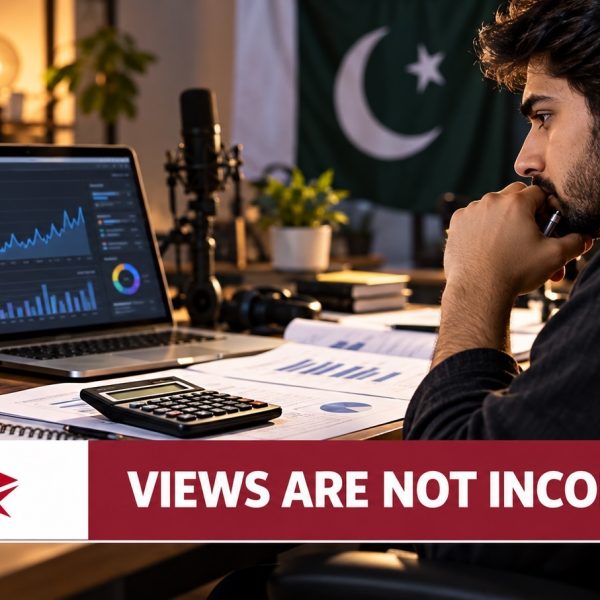 Pakistani YouTube creator reviewing earnings and financial records amid FBR’s Rs195 revenue benchmark debate