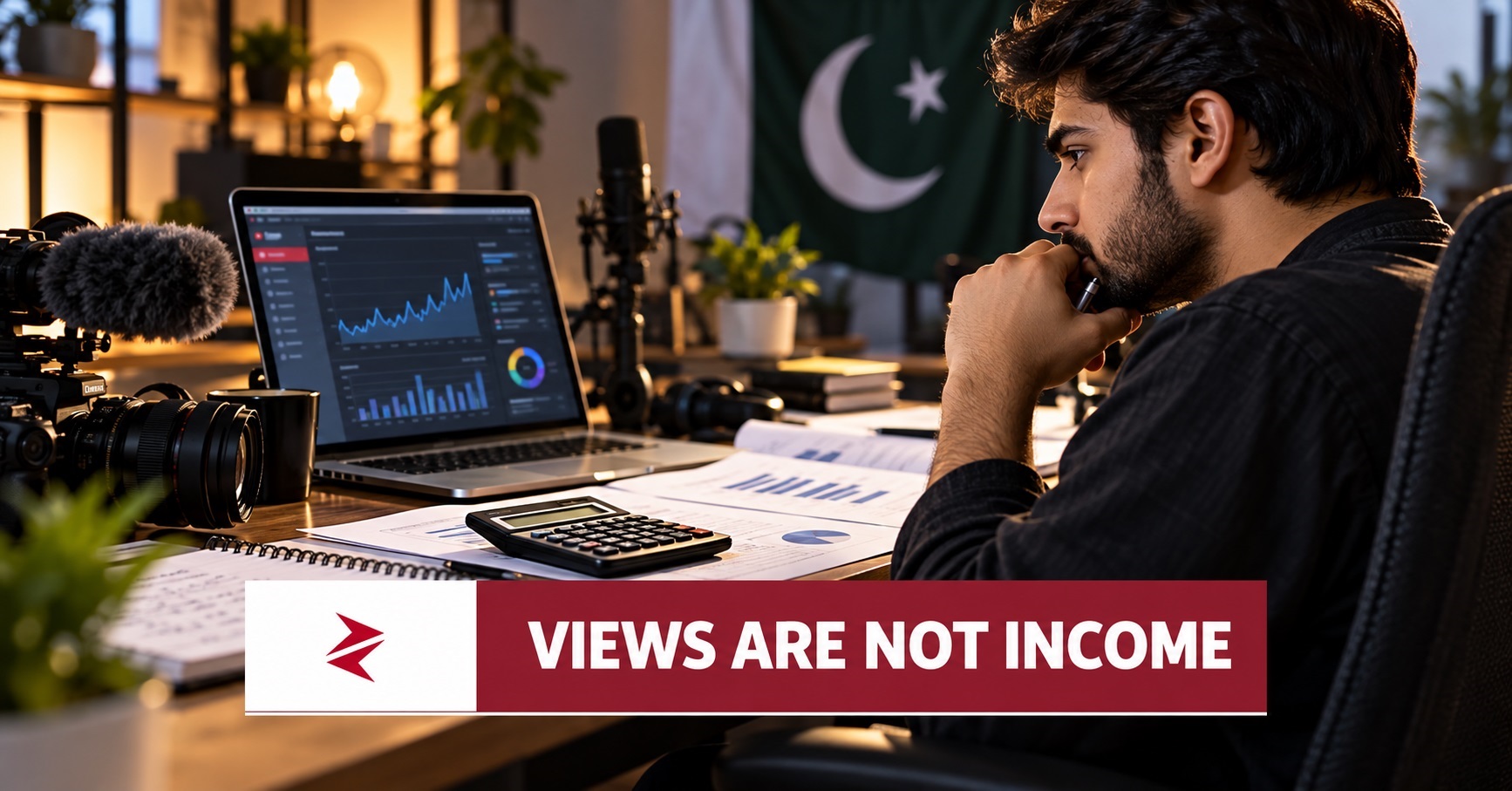 Pakistani YouTube creator reviewing earnings and financial records amid FBR’s Rs195 revenue benchmark debate