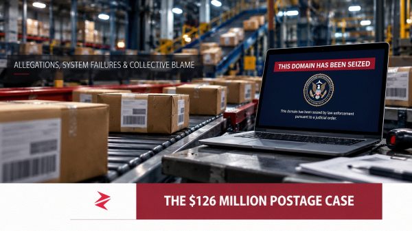 Editorial illustration of the Faheem Akram USPS counterfeit postage case, showing parcels and a domain-seizure notice.
