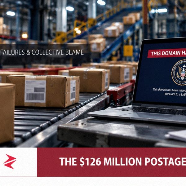 Editorial illustration of the Faheem Akram USPS counterfeit postage case, showing parcels and a domain-seizure notice.