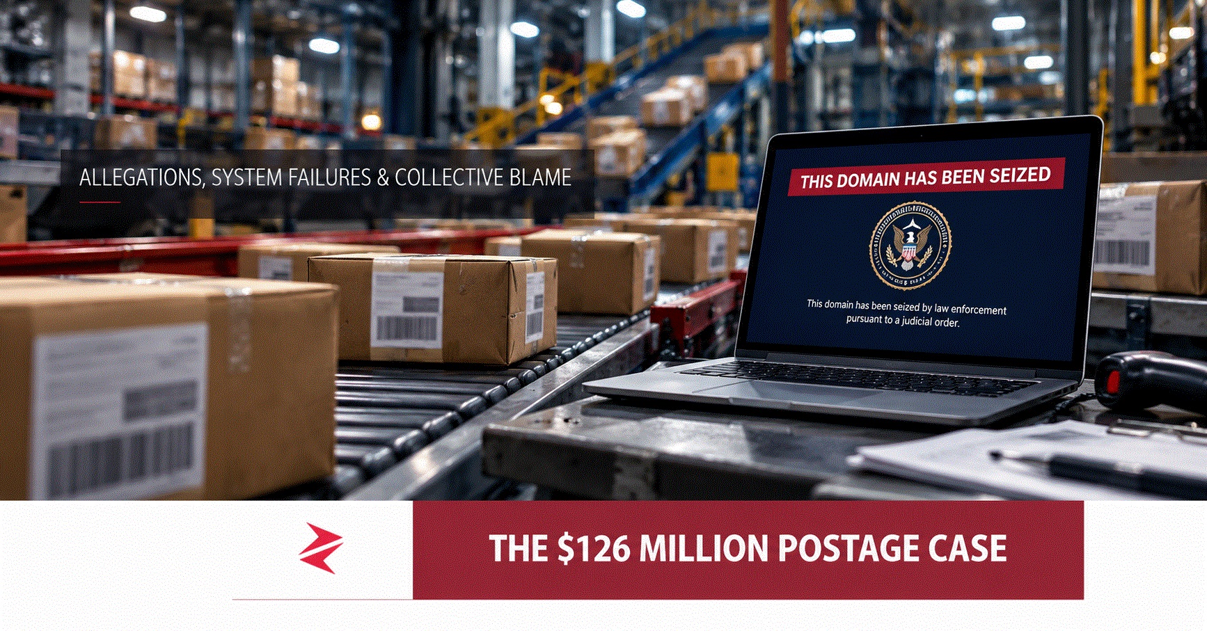 Editorial illustration of the Faheem Akram USPS counterfeit postage case, showing parcels and a domain-seizure notice.