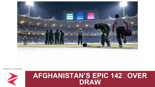 AI-generated editorial illustration: Conceptual editorial illustration for Afghanistan’s Epic 142‑Over Draw. Not a documentary photograph.