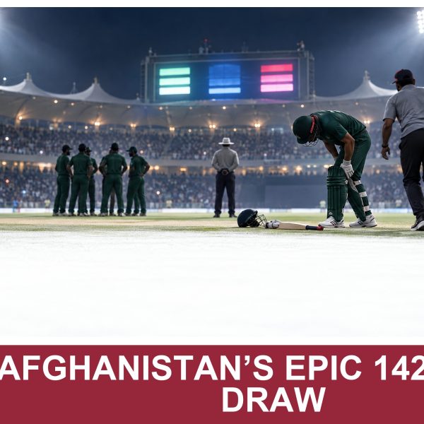AI-generated editorial illustration: Conceptual editorial illustration for Afghanistan’s Epic 142‑Over Draw. Not a documentary photograph.