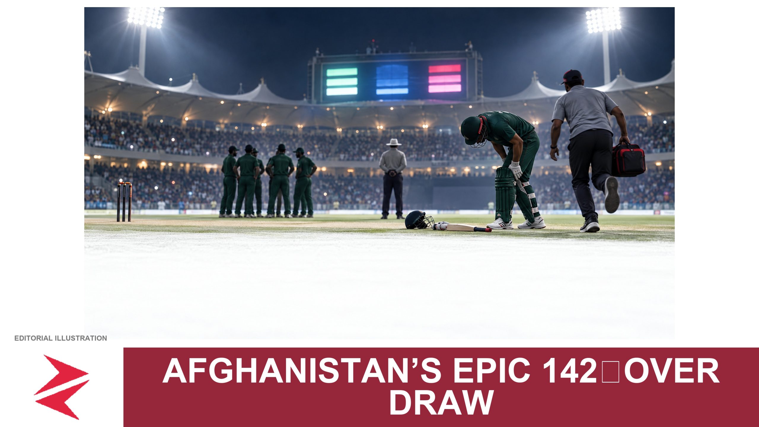 AI-generated editorial illustration: Conceptual editorial illustration for Afghanistan’s Epic 142‑Over Draw. Not a documentary photograph.