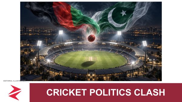 AI-generated editorial illustration: Conceptual editorial illustration for Cricket Politics Clash. Not a documentary photograph.