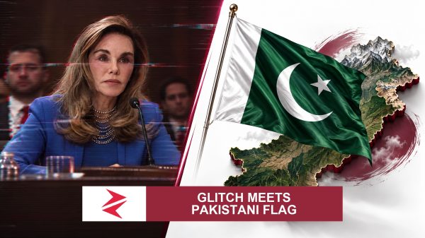 AI-generated editorial illustration: Conceptual editorial illustration for Glitch Meets Pakistani Flag. Not a documentary photograph.