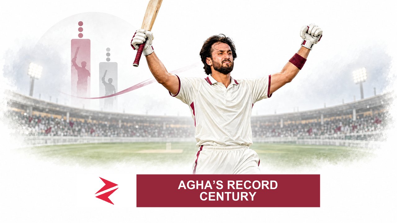 AI-generated editorial illustration: Conceptual editorial illustration for Agha’s Record Century. Not a documentary photograph.
