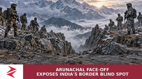 Conceptual editorial illustration of opposing military patrols across a Himalayan ridge during the Arunachal border face-off