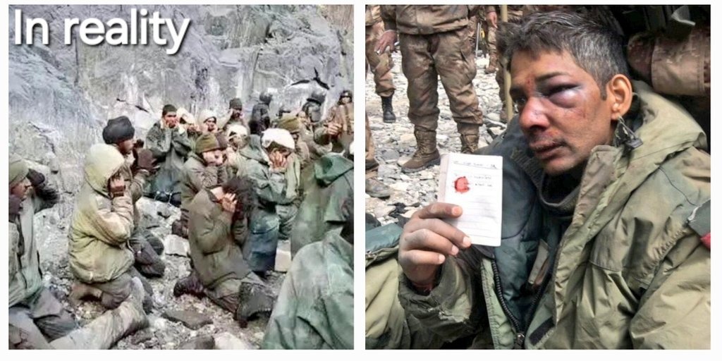 Side‑by‑side photos: soldiers in winter gear on a rocky mountain, and a close‑up of a man with a swollen eye and cut lip holding a paper with a red mark