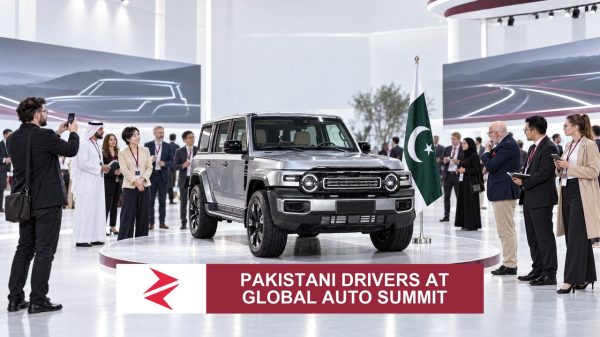 AI-generated editorial illustration: Conceptual editorial illustration for Pakistani Drivers at Global Auto Summit. Not a documentary photograph.