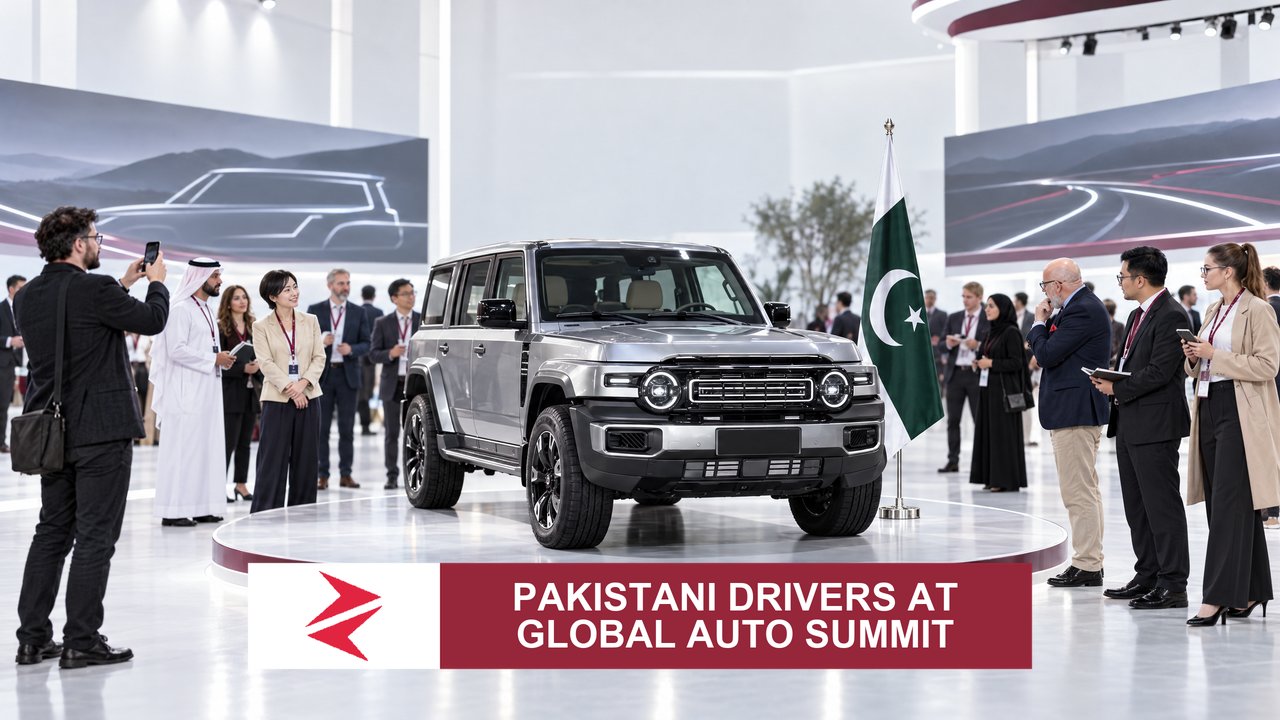 AI-generated editorial illustration: Conceptual editorial illustration for Pakistani Drivers at Global Auto Summit. Not a documentary photograph.