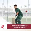 AI-generated editorial illustration: Conceptual editorial illustration for Babar Azam Nets Intense Prep. Not a documentary photograph.