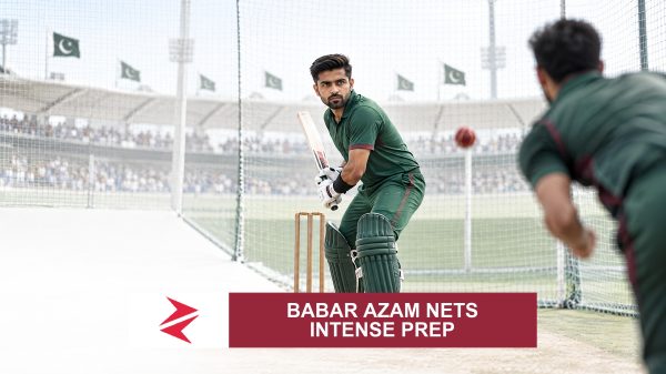 AI-generated editorial illustration: Conceptual editorial illustration for Babar Azam Nets Intense Prep. Not a documentary photograph.