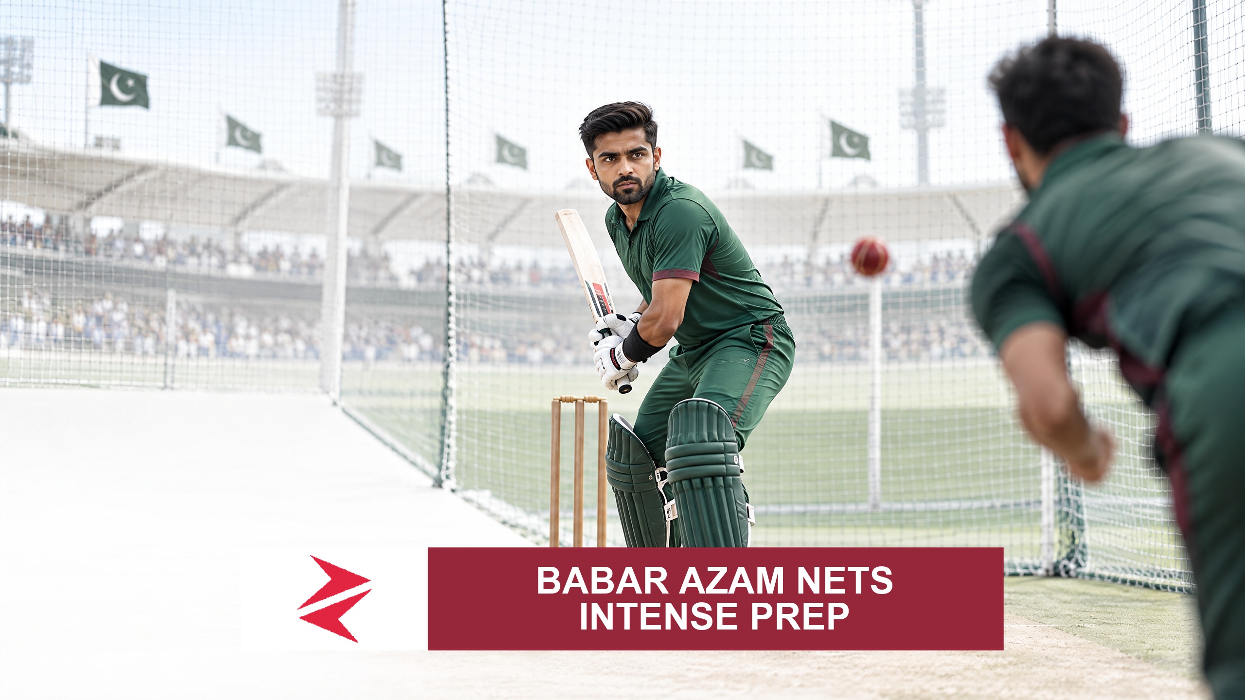 AI-generated editorial illustration: Conceptual editorial illustration for Babar Azam Nets Intense Prep. Not a documentary photograph.