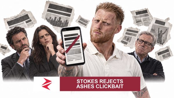 AI-generated editorial illustration: Conceptual editorial illustration for Stokes Rejects Ashes Clickbait. Not a documentary photograph.
