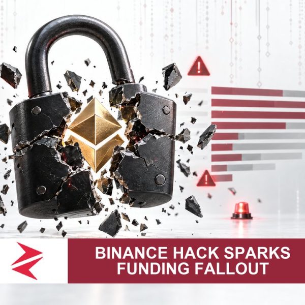AI-generated editorial illustration: Conceptual editorial illustration for Binance Hack Sparks Funding Fallout. Not a documentary photograph.