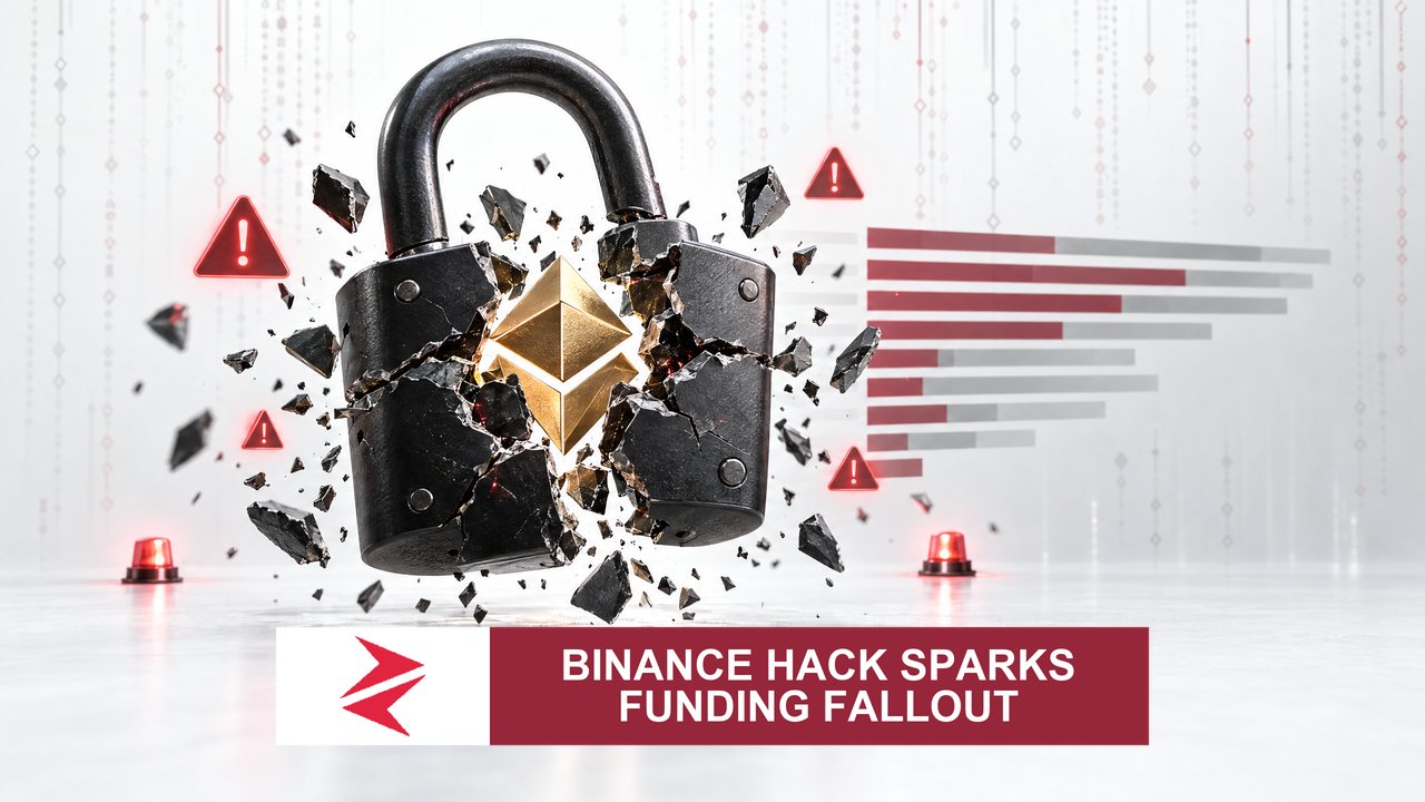 AI-generated editorial illustration: Conceptual editorial illustration for Binance Hack Sparks Funding Fallout. Not a documentary photograph.