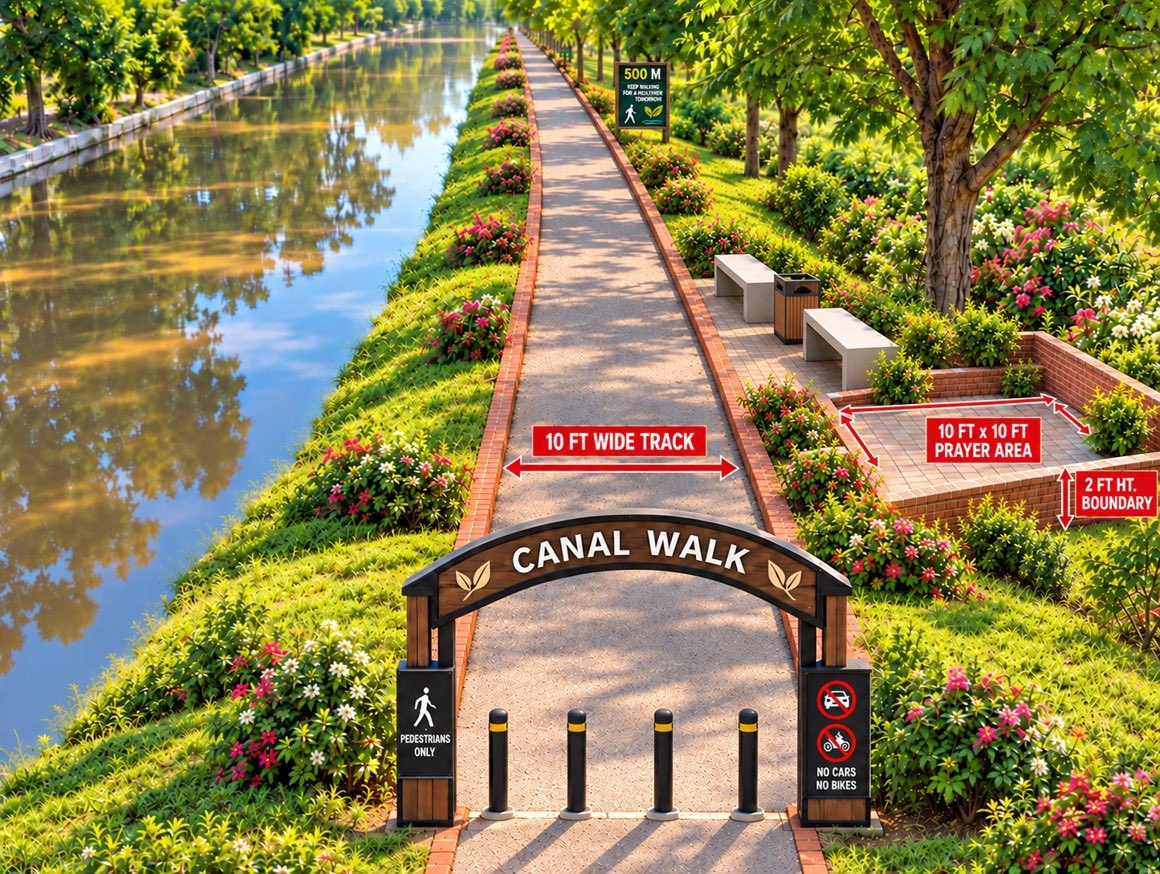 Digital rendering of a 500 m canal walk with a 10 ft wide pedestrian track, a 10 ft × 10 ft prayer area and a 2‑ft high boundary sign