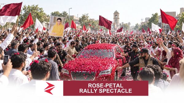 AI-generated editorial illustration: Conceptual editorial illustration for Rose‑Petal Rally Spectacle. Not a documentary photograph.