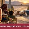 Conceptual editorial illustration of Pakistan-Iran border trade reopening as LPG tankers pass a family facing high fuel costs