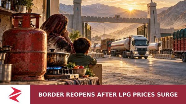 Conceptual editorial illustration of Pakistan-Iran border trade reopening as LPG tankers pass a family facing high fuel costs
