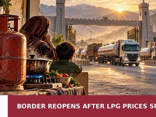 Conceptual editorial illustration of Pakistan-Iran border trade reopening as LPG tankers pass a family facing high fuel costs