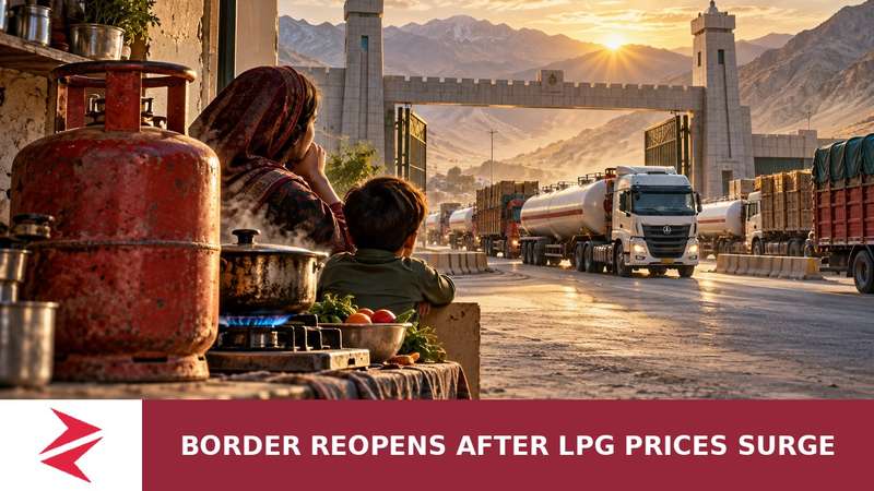 Conceptual editorial illustration of Pakistan-Iran border trade reopening as LPG tankers pass a family facing high fuel costs