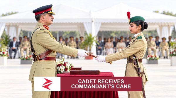 AI-generated editorial illustration: Conceptual editorial illustration for Cadet Receives Commandant’s Cane. Not a documentary photograph.