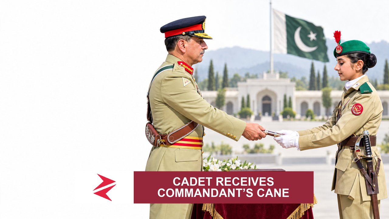 AI-generated editorial illustration: Conceptual editorial illustration for Cadet Receives Commandant’s Cane. Not a documentary photograph.
