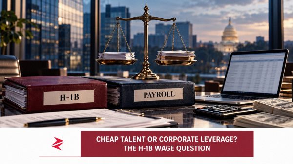 H-1B and payroll dossiers beside balance scales, illustrating wages and corporate bargaining power in US technology hiring.