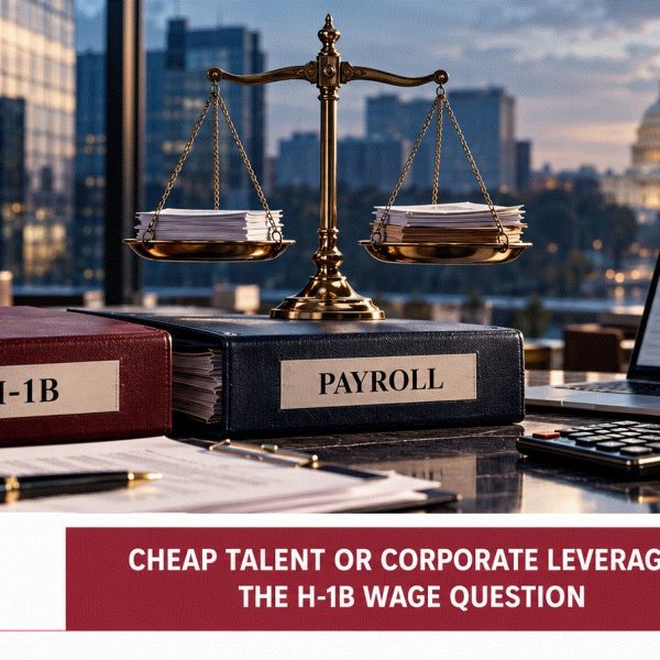 H-1B and payroll dossiers beside balance scales, illustrating wages and corporate bargaining power in US technology hiring.