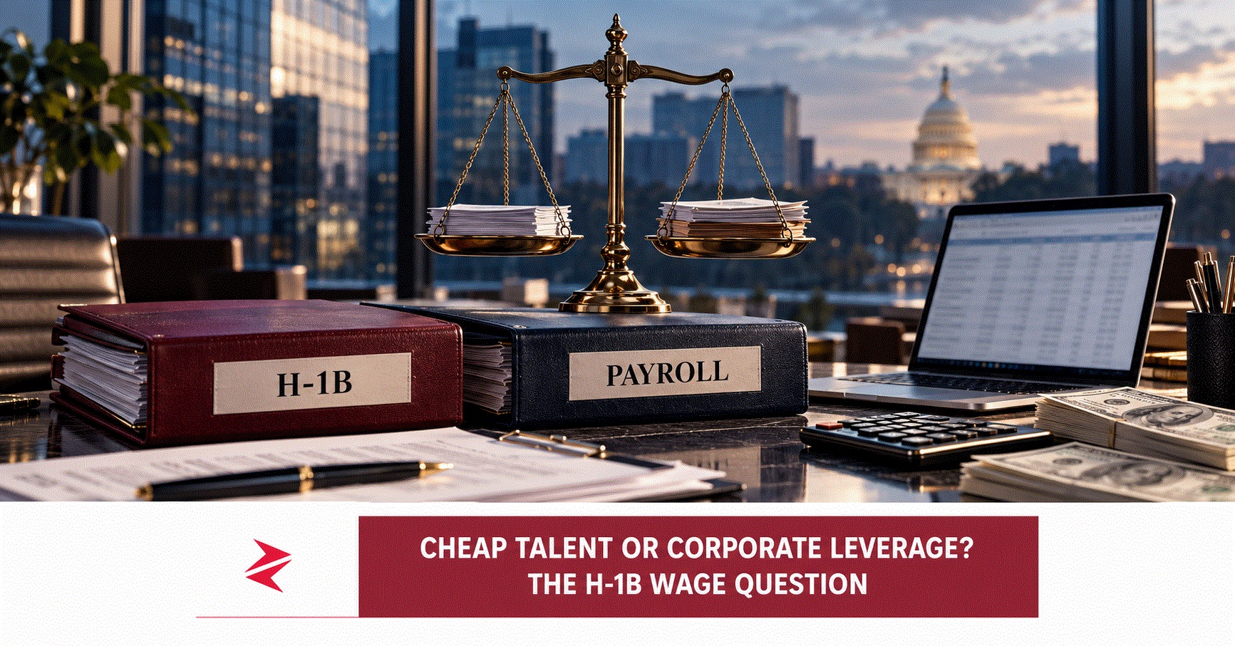 H-1B and payroll dossiers beside balance scales, illustrating wages and corporate bargaining power in US technology hiring.