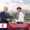 AI-generated editorial illustration: Conceptual editorial illustration for Free Chromebooks, Unclear Costs. Not a documentary photograph.