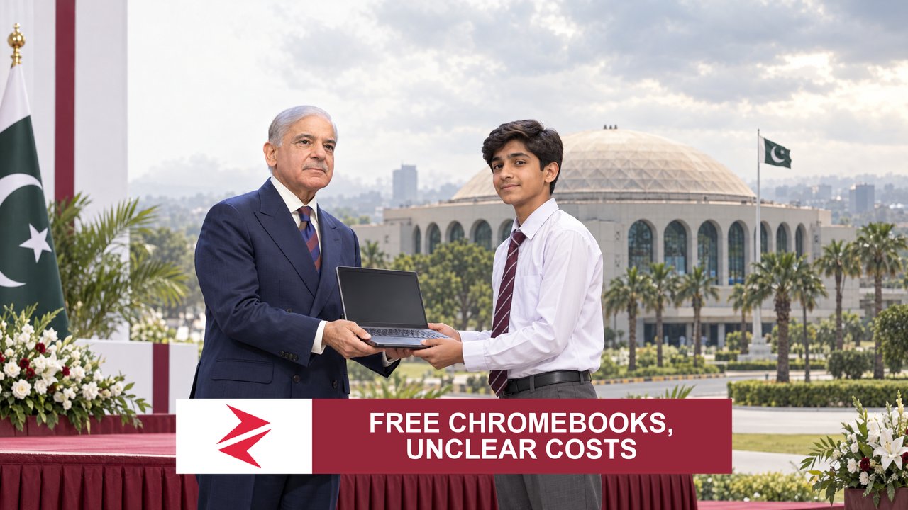 AI-generated editorial illustration: Conceptual editorial illustration for Free Chromebooks, Unclear Costs. Not a documentary photograph.