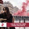 AI-generated editorial illustration: Conceptual editorial illustration for Calm Coffee Amid Paris Protests. Not a documentary photograph.
