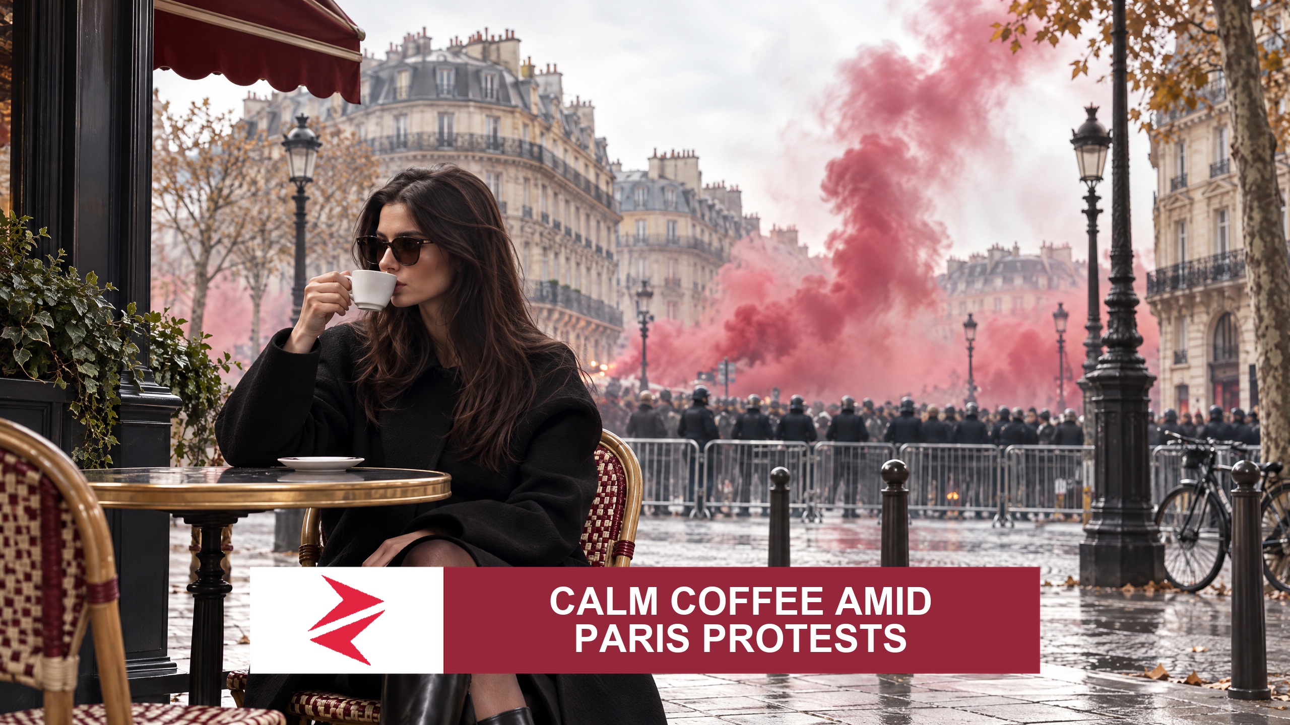 AI-generated editorial illustration: Conceptual editorial illustration for Calm Coffee Amid Paris Protests. Not a documentary photograph.
