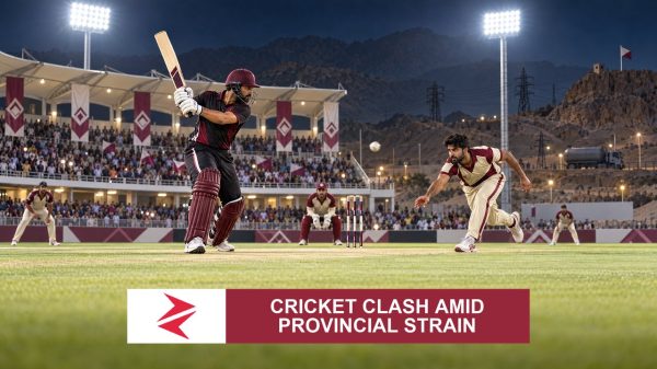 AI-generated editorial illustration: Conceptual editorial illustration for Cricket Clash Amid Provincial Strain. Not a documentary photograph.