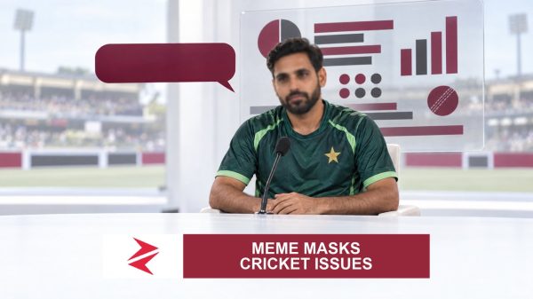 AI-generated editorial illustration: Conceptual editorial illustration for Meme Masks Cricket Issues. Not a documentary photograph.