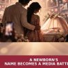 Conceptual editorial illustration of celebrity parents protecting a newborn from intense media attention